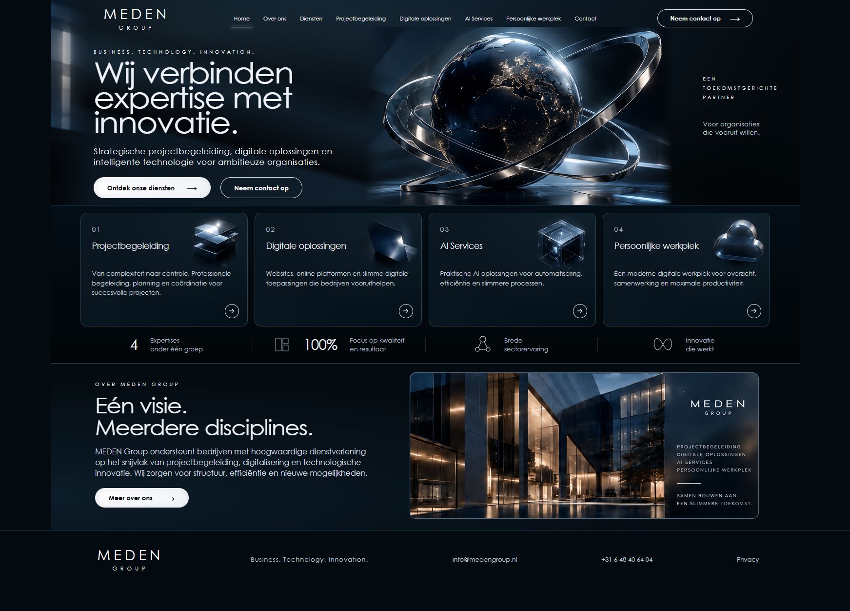 MEDEN Group-website met een glazen wereldbol, dienstverlening en bedrijfsinformatie